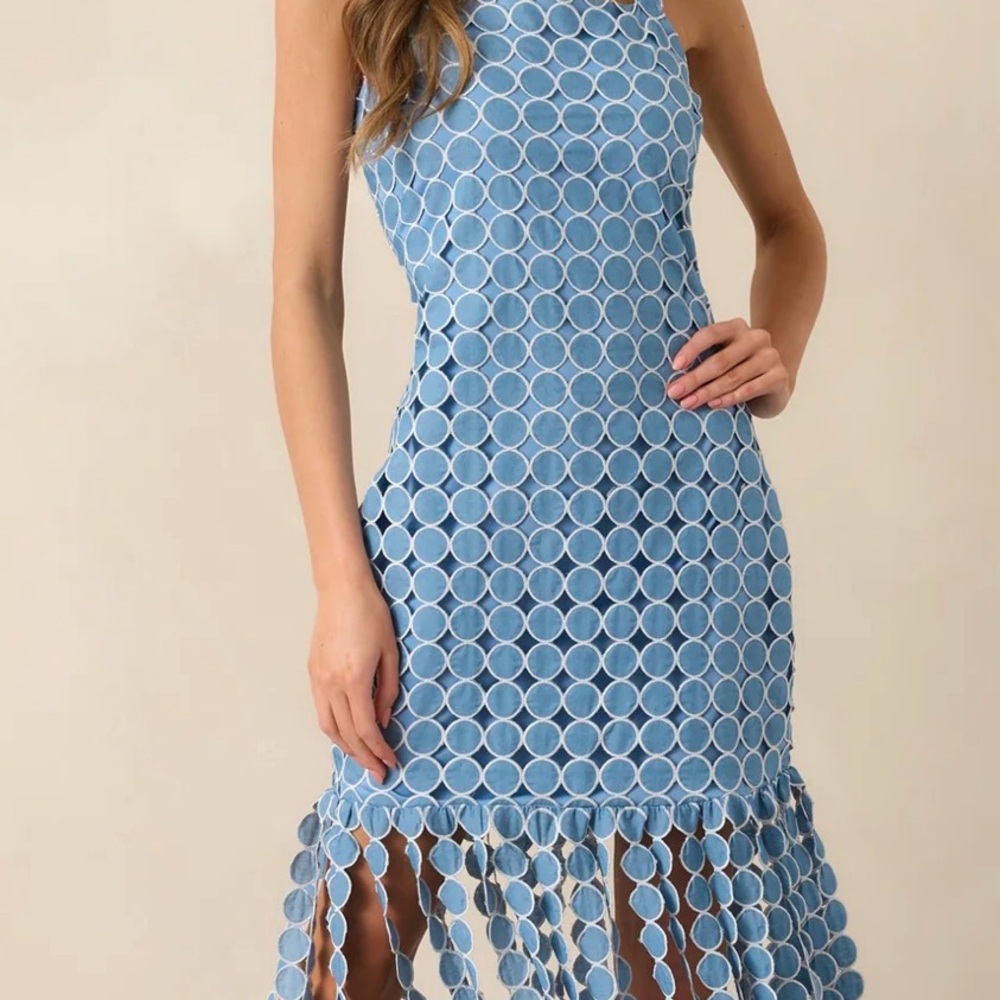 Just Me Blue Strapless Circle Lace Fringe Hem Dress